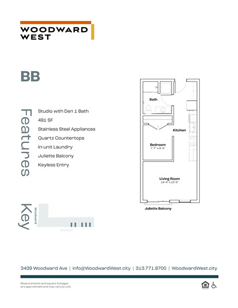 A floor plan for a studio apartment with a living room, kitchen, and bathroom.